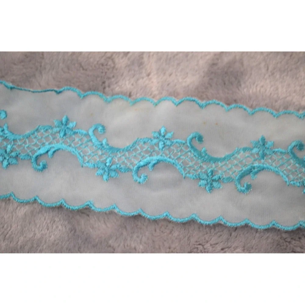 Vintage Blue Embroidered Tulle Trim Lace Embroidered Scalloped Edge 6.75 yards